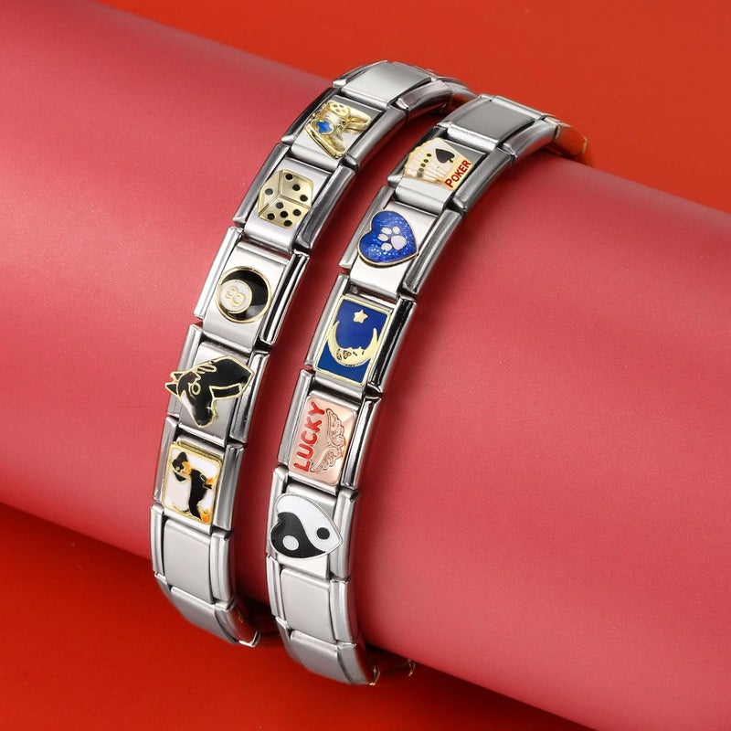 Double Fair Italian Charm Bracelet Set - 316 Stainless Steel, 6.75 Inch Starter Bracelet with 10 Charms, Includes Opening Tool, Customizable, Silver (Silver-A 10PCS Charm Sets) - Image 2